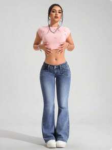 SHEIN PETITE 女款低腰純色修身牛仔褲，秋冬新年穿搭 - 中等水洗藍 - 查看 7