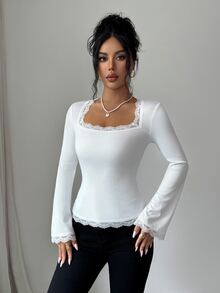 SHEIN Elenzya Pakaian Musim Gugur untuk Wanita: Atasan Rajut Slim dengan Hiasan Renda Putih, Leher Persegi, dan Lengan Mengembang - Putih - View 10