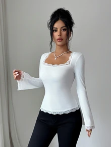 SHEIN Elenzya Pakaian Musim Gugur untuk Wanita: Atasan Rajut Slim dengan Hiasan Renda Putih, Leher Persegi, dan Lengan Mengembang - Putih - View 9