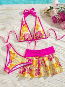 Bellisia Women's Summer Beach Music Festival Flower Pattern Skirt Halter Casual Vacation Style Bikini 3-Piece Set - Multicolor - View 6