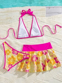 Bellisia Women's Summer Beach Music Festival Flower Pattern Skirt Halter Casual Vacation Style Bikini 3-Piece Set - Multicolor - View 2