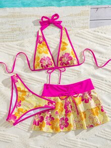 Bellisia Women's Summer Beach Music Festival Flower Pattern Skirt Halter Casual Vacation Style Bikini 3-Piece Set - Multicolor - View 5