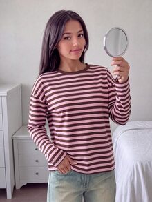 SHEIN 青少年女孩秋季新款休閒學院風運動針織條紋寬鬆長袖T恤 - 粉色 - 查看 5