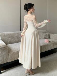 Modelyn Elegant Shoulder Lace PatchworkLong Dress With Ruffle Trim, Hollow Sleeve, Cinched Waist, Ruched Slimming Drape Midi Dress For Date Tea Party, Wedding - White - View 3
