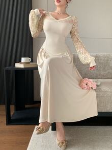 Modelyn Elegant Shoulder Lace PatchworkLong Dress With Ruffle Trim, Hollow Sleeve, Cinched Waist, Ruched Slimming Drape Midi Dress For Date Tea Party, Wedding - White - View 8