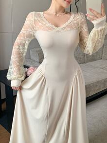 Modelyn Elegant Shoulder Lace PatchworkLong Dress With Ruffle Trim, Hollow Sleeve, Cinched Waist, Ruched Slimming Drape Midi Dress For Date Tea Party, Wedding - White - View 9