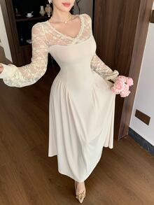 Modelyn Elegant Shoulder Lace PatchworkLong Dress With Ruffle Trim, Hollow Sleeve, Cinched Waist, Ruched Slimming Drape Midi Dress For Date Tea Party, Wedding - White - View 6
