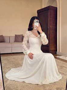 Modelyn Elegant Shoulder Lace PatchworkLong Dress With Ruffle Trim, Hollow Sleeve, Cinched Waist, Ruched Slimming Drape Midi Dress For Date Tea Party, Wedding - White - View 4