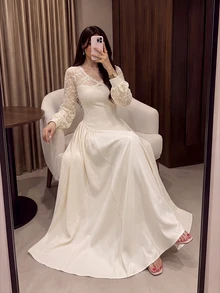 Modelyn Elegant Shoulder Lace PatchworkLong Dress With Ruffle Trim, Hollow Sleeve, Cinched Waist, Ruched Slimming Drape Midi Dress For Date Tea Party, Wedding - White - View 2