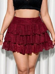 SHEIN ICON Plus Size Women's Multi-Layer Ruffle Lace Solid Color Skirt - Burgundy - View 4
