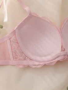 DelicateAllure Pink Underwire Molded Cup High Support Push Up Lift Lace Patchwork Floral Romantic Elegant Women's Bra - Pink - View 4