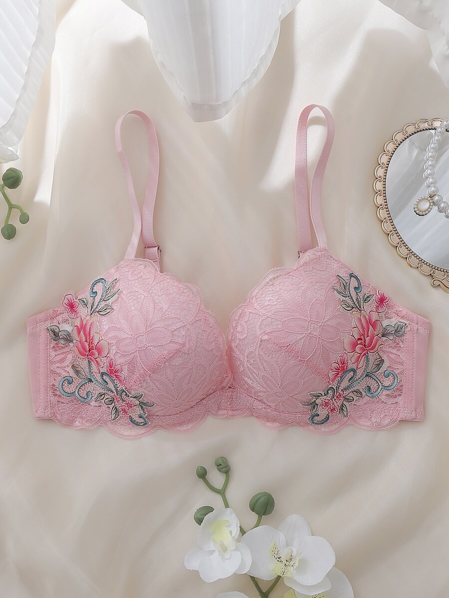 DelicateAllure Pink Underwire Molded Cup High Support Push Up Lift Lace Patchwork Floral Romantic Elegant Women's Bra - Pink - View 1
