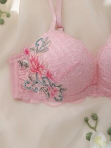 DelicateAllure Pink Underwire Molded Cup High Support Push Up Lift Lace Patchwork Floral Romantic Elegant Women's Bra - Pink - View 3