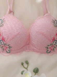 DelicateAllure Pink Underwire Molded Cup High Support Push Up Lift Lace Patchwork Floral Romantic Elegant Women's Bra - Pink - View 5
