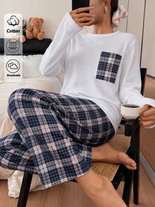 SHEIN Women's Cotton 2 Pieces White Pocket Top & Multicolor Plaid Pants Pajama Set - White - View 4
