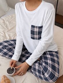 SHEIN Women's Cotton 2 Pieces White Pocket Top & Multicolor Plaid Pants Pajama Set - White - View 8