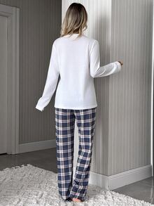 SHEIN Women's Cotton 2 Pieces White Pocket Top & Multicolor Plaid Pants Pajama Set - White - View 2