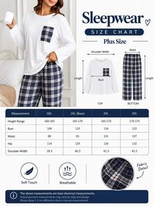 SHEIN Women's Cotton 2 Pieces White Pocket Top & Multicolor Plaid Pants Pajama Set - White - View 3