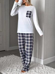 SHEIN Women's Cotton 2 Pieces White Pocket Top & Multicolor Plaid Pants Pajama Set - White - View 5