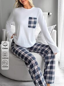 SHEIN Women's Cotton 2 Pieces White Pocket Top & Multicolor Plaid Pants Pajama Set - White - View 7