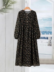 Rusticease 女款碎花圓領長袖鈕扣設計休閒洋裝 - 黑色 - 查看 9