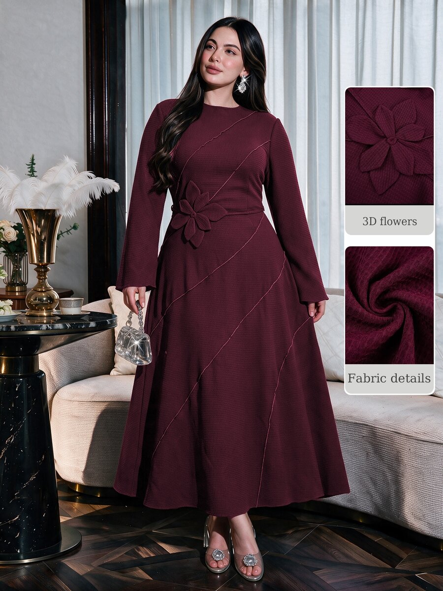 Modelyn Plus Size Lace Patchwork Long Sleeve Maxi Evening Dress, Square Neck Ruched Black Formal Gown, Elegant Dress For Wedding Guest, Banquet & Fall Party - Burgundy - View 1