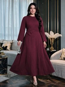 Modelyn Plus Size Lace Patchwork Long Sleeve Maxi Evening Dress, Square Neck Ruched Black Formal Gown, Elegant Dress For Wedding Guest, Banquet & Fall Party - Burgundy - View 5