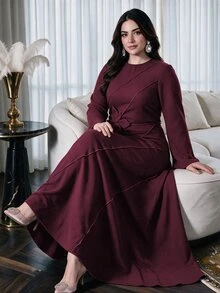 Modelyn Plus Size Lace Patchwork Long Sleeve Maxi Evening Dress, Square Neck Ruched Black Formal Gown, Elegant Dress For Wedding Guest, Banquet & Fall Party - Burgundy - View 6