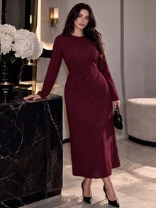 Modelyn Plus Size Lace Patchwork Long Sleeve Maxi Evening Dress, Square Neck Ruched Black Formal Gown, Elegant Dress For Wedding Guest, Banquet & Fall Party - Burgundy - View 12
