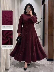 Modelyn Plus Size Lace Patchwork Long Sleeve Maxi Evening Dress, Square Neck Ruched Black Formal Gown, Elegant Dress For Wedding Guest, Banquet & Fall Party - Burgundy - View 3