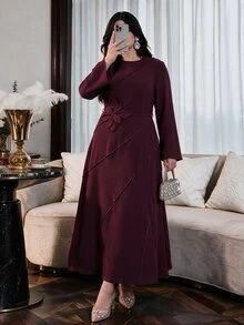 Modelyn Plus Size Lace Patchwork Long Sleeve Maxi Evening Dress, Square Neck Ruched Black Formal Gown, Elegant Dress For Wedding Guest, Banquet & Fall Party - Burgundy - View 8
