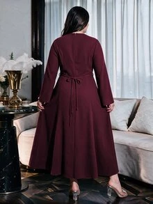 Modelyn Plus Size Lace Patchwork Long Sleeve Maxi Evening Dress, Square Neck Ruched Black Formal Gown, Elegant Dress For Wedding Guest, Banquet & Fall Party - Burgundy - View 2