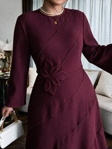 Modelyn Plus Size Lace Patchwork Long Sleeve Maxi Evening Dress, Square Neck Ruched Black Formal Gown, Elegant Dress For Wedding Guest, Banquet & Fall Party - Burgundy - View 7