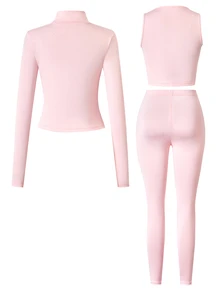 SHEIN Girly Athletic Casual Pink 3 Pieces Set, Autumn Outfits, Stand Collar Jacket + Camisole + Leggings, Complete Daily Outfit. Slim Fit Gym Workout - Pink - View 3