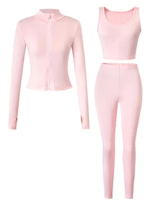 SHEIN Girly Athletic Casual Pink 3 Pieces Set, Autumn Outfits, Stand Collar Jacket + Camisole + Leggings, Complete Daily Outfit. Slim Fit Gym Workout - Pink - View 4