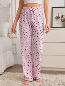 SHEIN PLUS SIZE Cotton Rib Knit Black Pink With Contrast Colour Heart Pattern Wfake Drawstring Detail Lo Bridal Night Winter - Multicolor - View 10