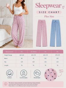 SHEIN PLUS SIZE Cotton Rib Knit Black Pink With Contrast Colour Heart Pattern Wfake Drawstring Detail Lo Bridal Night Winter - Multicolor - View 4