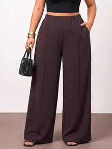 Enliva Plus-Size Women's Dark Purple Elegant Casual High-Waisted Wide-Leg Trousers, A Retro Banquet Outfit Autumn Formal Office - Brown - View 3