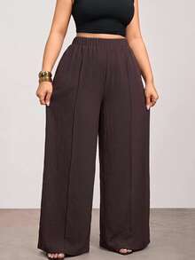 Enliva Plus-Size Women's Dark Purple Elegant Casual High-Waisted Wide-Leg Trousers, A Retro Banquet Outfit Autumn Formal Office - Brown - View 4