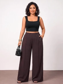 Enliva Plus-Size Women's Dark Purple Elegant Casual High-Waisted Wide-Leg Trousers, A Retro Banquet Outfit Autumn Formal Office - Brown - View 5