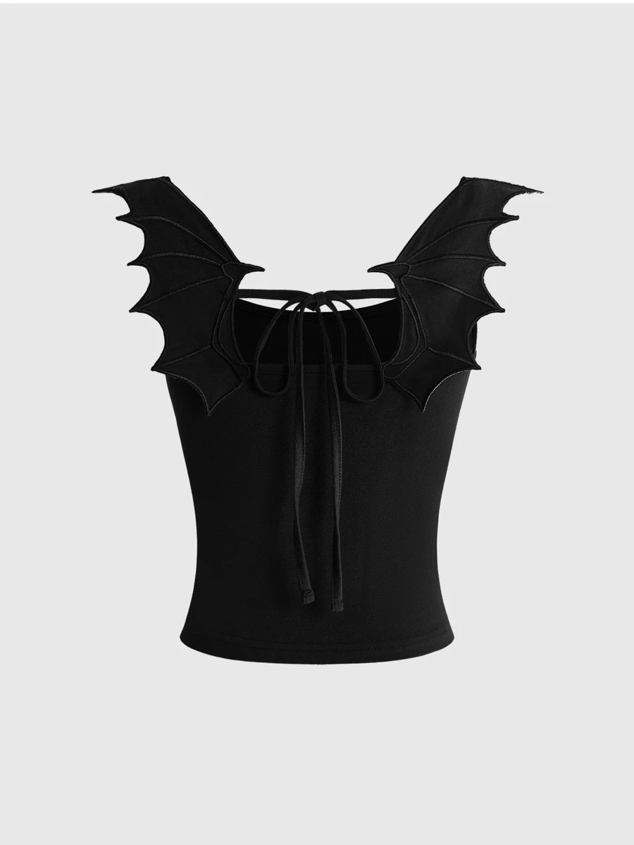 ROMWE Dark Gothic Halloween Outfit Little Devil Bat Wings Design Fitted Women's Tank Top - Black - View 1