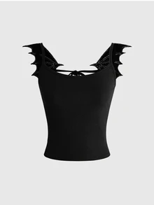 ROMWE Dark Gothic Halloween Outfit Little Devil Bat Wings Design Fitted Women's Tank Top - Black - View 11