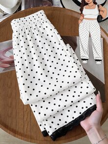 SHEIN PETITE CURVE Celana Panjang Wanita Ukuran Besar Musim Semi/Panas Longgar Kasual Serbaguna untuk Sehari-hari, Motif Polkadot, Desain Trim Renda Kontras - Hitam dan Putih - View 6