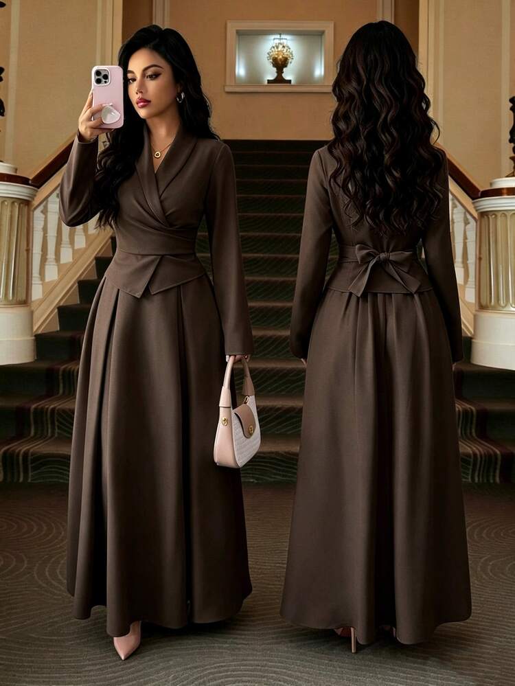 SHEIN Casual Commute Waist-Cinching Wrap Tie Shirt & Elastic Waist Pleated A-Line Long Skirt Women 2 Pieces Set - Brown - View 2