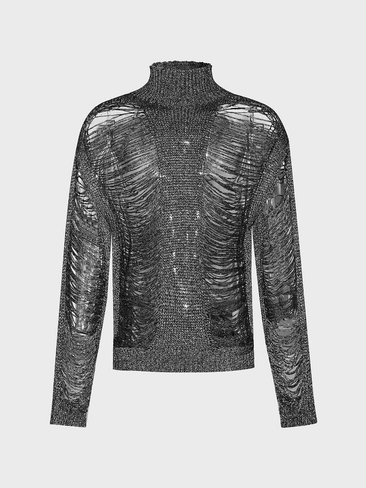 FeverCity Men's Vintage Distressed Long Sleeve Sweater, Streetwear Style - Black - View 5
