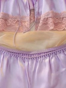 DelicateAllure 2pcs Light Purple Satin Kawaii Cute Coquette Babydoll Lolita Lace Patchwork Tie-Up Ruffle Romantic Pure Women's Pajama Set - Mauve Purple - View 5