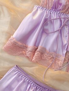 DelicateAllure 2pcs Light Purple Satin Kawaii Cute Coquette Babydoll Lolita Lace Patchwork Tie-Up Ruffle Romantic Pure Women's Pajama Set - Mauve Purple - View 3