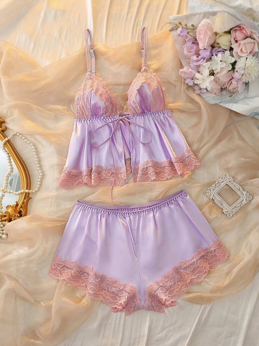 DelicateAllure 2pcs Light Purple Satin Kawaii Cute Coquette Babydoll Lolita Lace Patchwork Tie-Up Ruffle Romantic Pure Women's Pajama Set - Mauve Purple - View 1