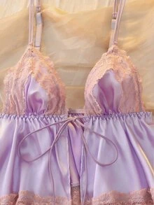 DelicateAllure 2pcs Light Purple Satin Kawaii Cute Coquette Babydoll Lolita Lace Patchwork Tie-Up Ruffle Romantic Pure Women's Pajama Set - Mauve Purple - View 6