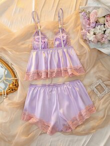 DelicateAllure 2pcs Light Purple Satin Kawaii Cute Coquette Babydoll Lolita Lace Patchwork Tie-Up Ruffle Romantic Pure Women's Pajama Set - Mauve Purple - View 2